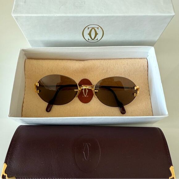 CARTIER Oval Rimless Sunglasses Brown  Gold Frame Authentic Vintage - Picture 10 of 10